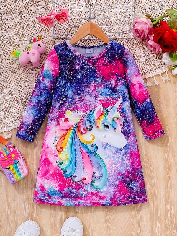 Girls Colorful Unicorn Digital Print Dress, Autumn/Winter