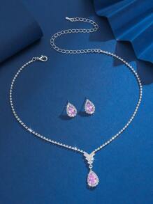 3pcs/set Cubic Zirconia Water-drop Decor Jewelry Set For Women For Party Banquet Wedding - Dusty Blue - View 5