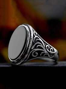 Anel de pedra preta plana com padrão floral esculpido retrô vintage para homens, decoração de videira rústica da moda, acessório de moda exclusivo