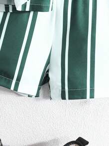 3 件套男宝宝夏季休闲条纹短袖衬衫、条纹短裤和帽子套装 - 綠色 - 查看 6