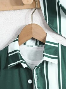 3 件套男宝宝夏季休闲条纹短袖衬衫、条纹短裤和帽子套装 - 綠色 - 查看 3