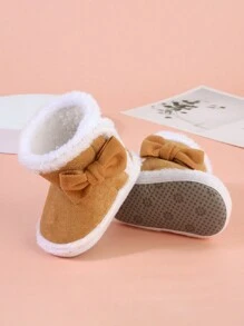 1 双女童蝴蝶结钩环保暖雪地靴软底防滑幼儿冬靴 - 杏色 - 查看 3