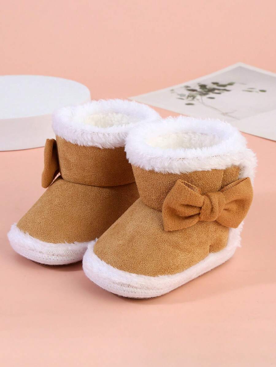 1 双女童蝴蝶结钩环保暖雪地靴软底防滑幼儿冬靴 - 杏色 - 查看 1