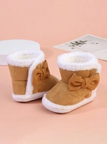 1 双女童蝴蝶结钩环保暖雪地靴软底防滑幼儿冬靴 - 杏色 - 查看 2