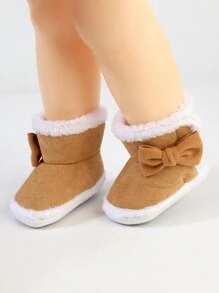 1 双女童蝴蝶结钩环保暖雪地靴软底防滑幼儿冬靴 - 杏色 - 查看 5