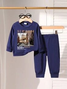 2 Packs Fashionable Baby Boy Letter Print Long Sleeve And Letter Print Trousers Set - Navy Blue - View 1