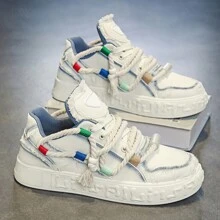 Men's Fashionable Thick Soled Skateboard Shoes With Letter Pattern Anti Slip, Boy Shoes,Suitable For Outdoor Campus Walking, Jogging, Traveling, All Seasons - White - View 4