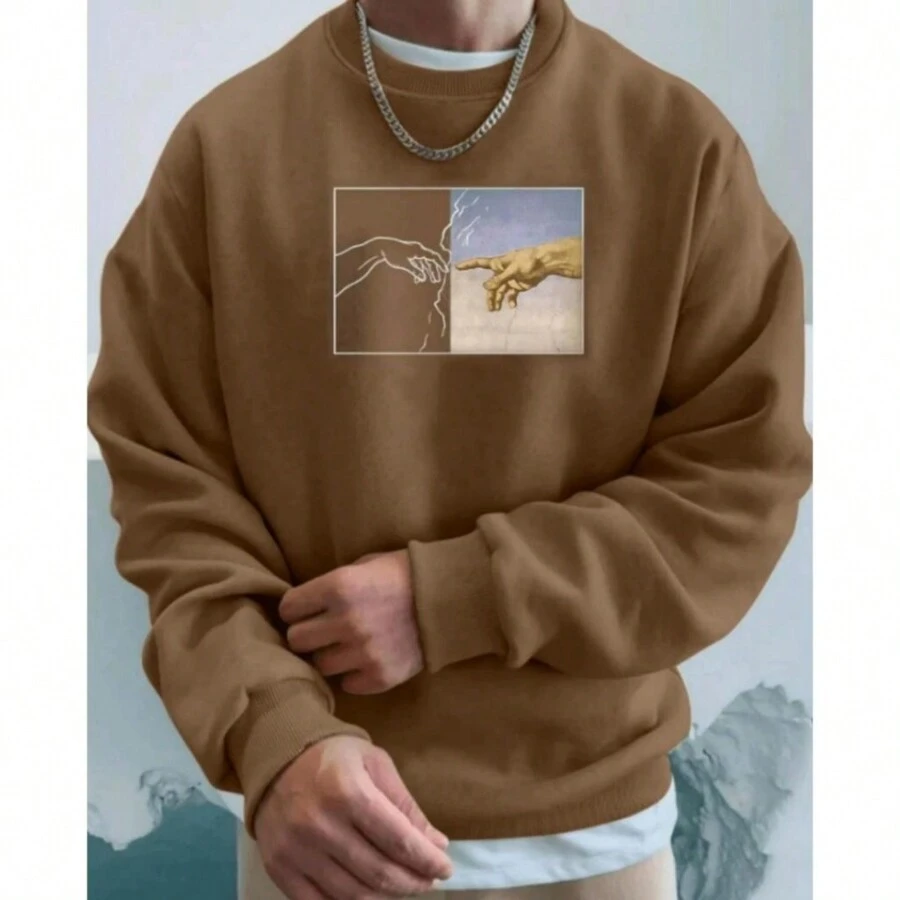 Unisex Round Neck Sweatshirt Fingers Touching Basic Cold Weather Crew Neck Sweatshirt Cotton Flannel Coat - 鏽棕色 - 查看 1