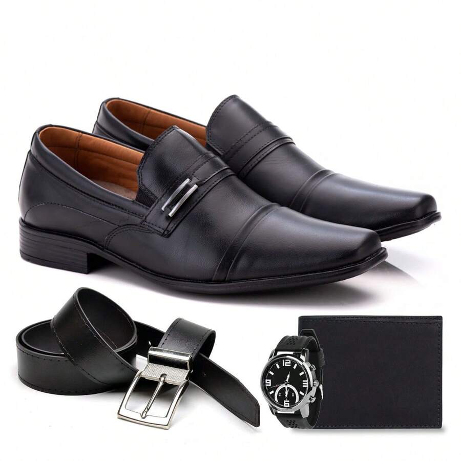 Kit Sapato Social Masculino em Couro Legitimo + 3 Brindes - Preto - Visão 1