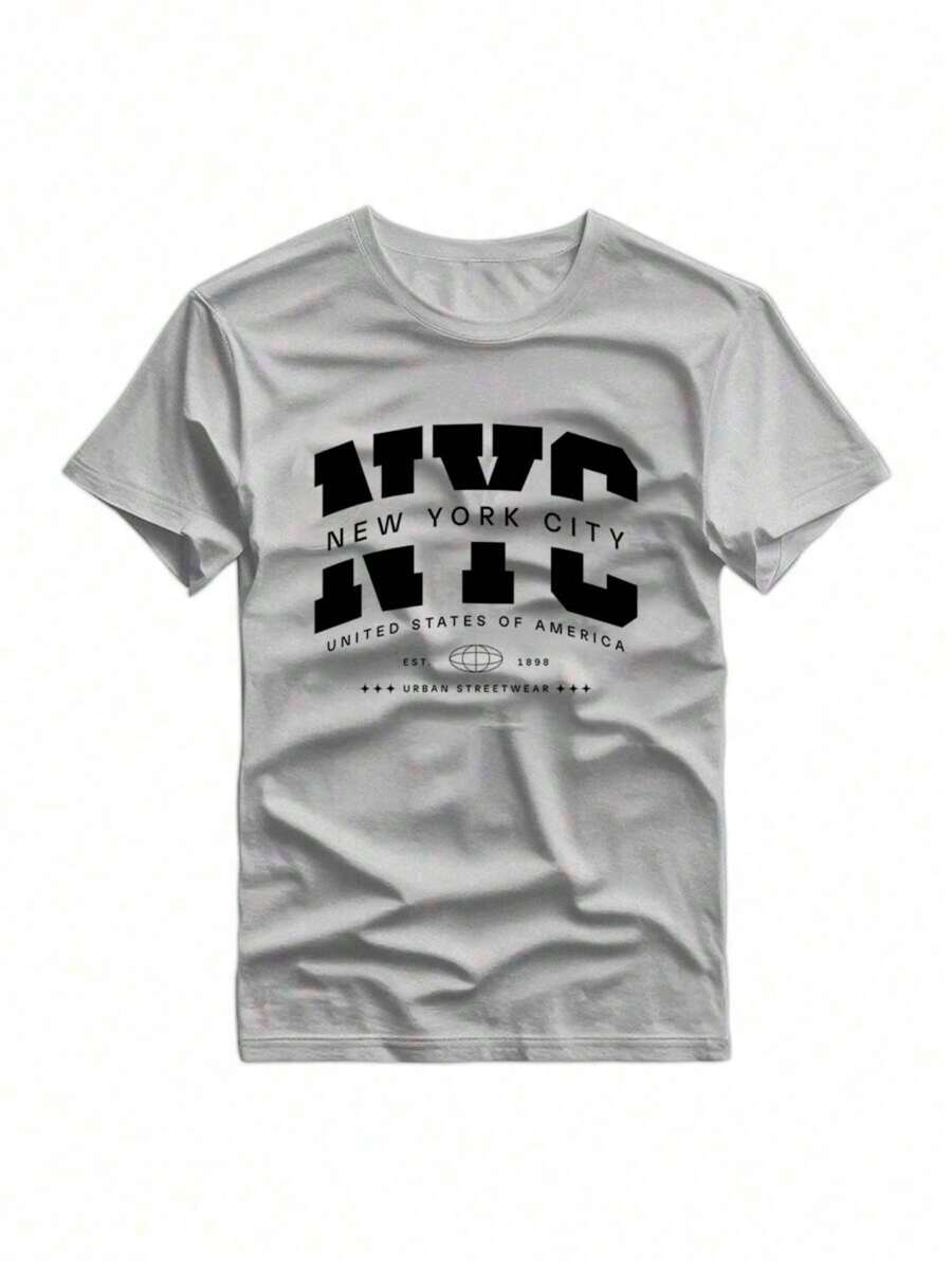 Camiseta masculina estampada com padrão nyc, Roupas de verão masculinas, Conjuntos masculinos - Cinza - Visão 1