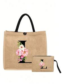 两件套，包含一个粉色花朵黑色字母亚麻手提包（可定制姓名首字母）和一个配套小包，简约优雅，可作为伴娘婚礼礼物、化妆包或旅行收纳包。 - 卡其色 - 查看 14