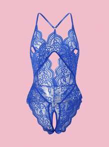 Deep V Lace Backless Bodysuit, Crotchless Open Bra Erotic Lingerie & Underpants, Women's Sexy Clothing - Royal Blue - View 6
