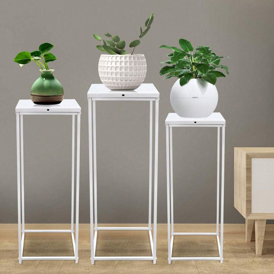 SENDERPICK Set Of 3 White Metal Flower Stands, Plant Stands, Square Metal Plant Stands For Indoor Plants, 22*22*61cm/ 26*26*66cm/ 30*30*71cm (White) [Nice Gift For Your Family & Friend] - 白色 - 查看 1