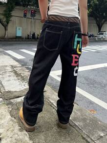 1pc Loose Fitting Colorful Letter Print Wide Leg Jeans For Men - Black - View 5
