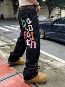 1pc Loose Fitting Colorful Letter Print Wide Leg Jeans For Men - Black - View 6