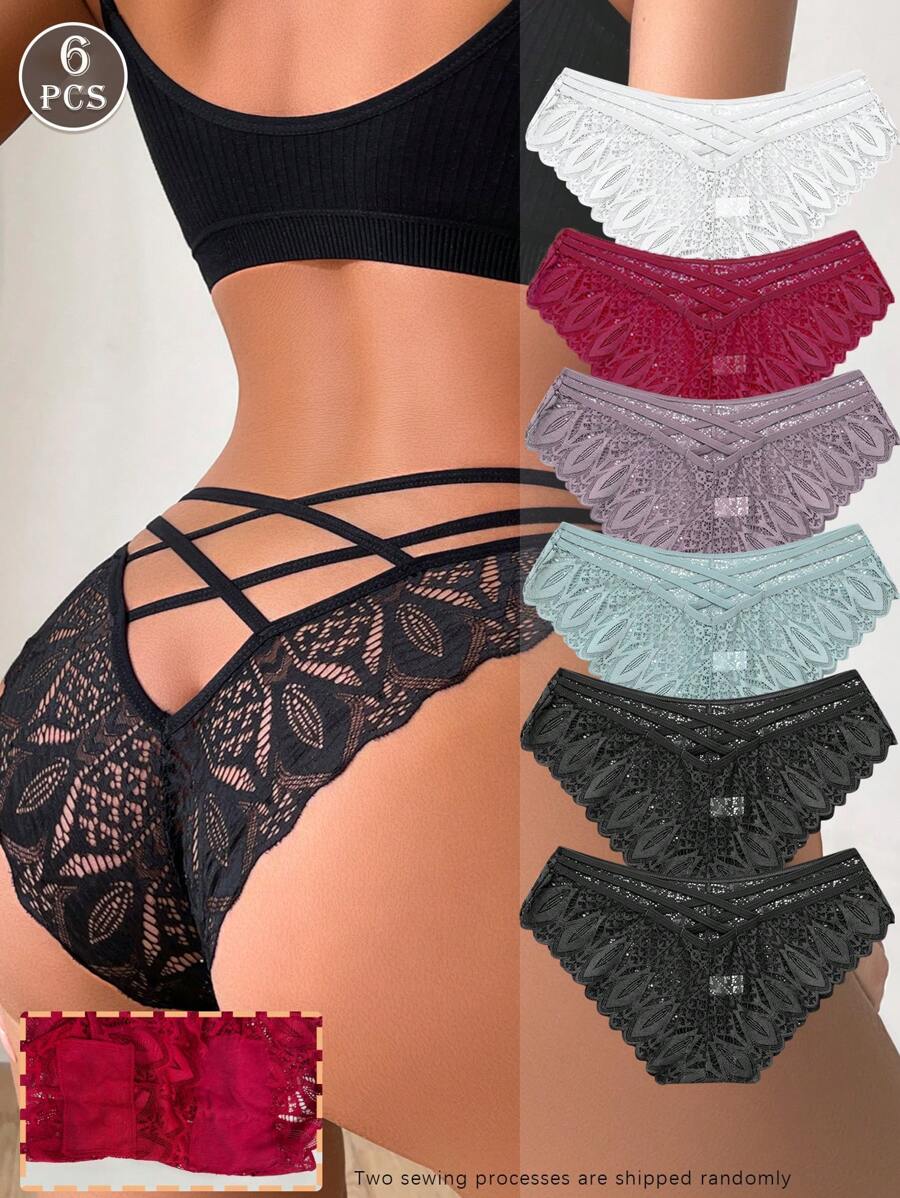 FINETOO 6pcs/Set Ladies' Solid Color Lace Splicing Cross Band Hollow Out Semi-Transparent Sexy Triangle Panties - Multicolor - View 1