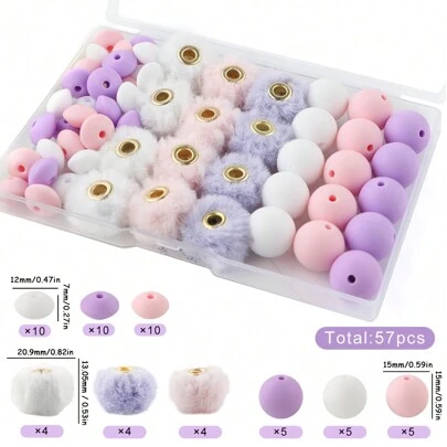 New 57pcs/Box Plush Fur Covered Ball Beads Round Lentil Beads Sets Bag For Jewelry Making DIY Pompom Pendant Necklace Earrings