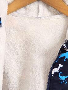 小男孩恐龙印花保暖内衬拉链连帽夹克，时尚街头风格休闲外套，秋冬