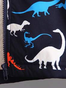 小男孩恐龙印花保暖内衬拉链连帽夹克，时尚街头风格休闲外套，秋冬