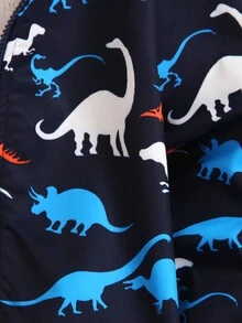 小男孩恐龙印花保暖内衬拉链连帽夹克，时尚街头风格休闲外套，秋冬