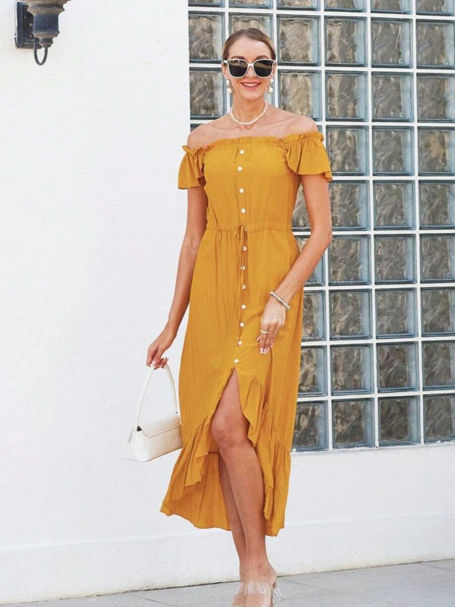 Off Shoulder Button Down Dress - Yellow - View 1