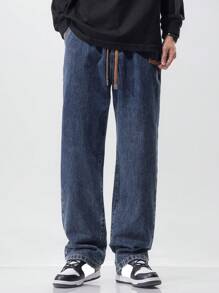 Men's Drawstring Elastic Waist Washed Daily Matching Loose Straight Jeans - أزرق غامق - مشاهدة 2