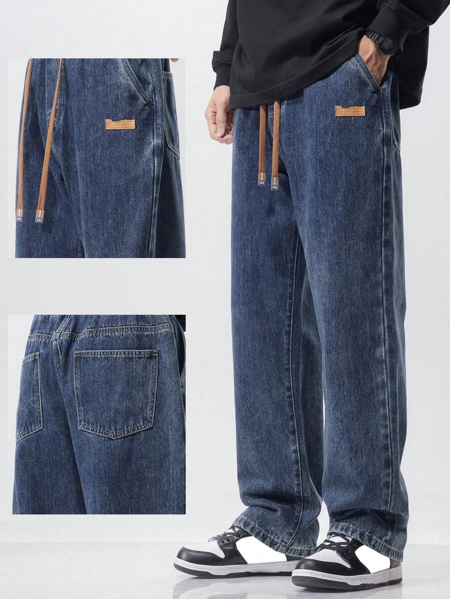 Men's Drawstring Elastic Waist Washed Daily Matching Loose Straight Jeans - أزرق غامق - مشاهدة 1