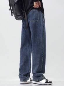 Men's Drawstring Elastic Waist Washed Daily Matching Loose Straight Jeans - أزرق غامق - مشاهدة 4