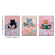 3 件套无框可爱有趣的动物猫阅读书籍时尚艺术海报学院风艺术书房墙壁装饰帆布画印刷品卧室、办公室、宿舍、公寓、客厅、家居装饰的理想礼物 - 黑色 - 查看 9
