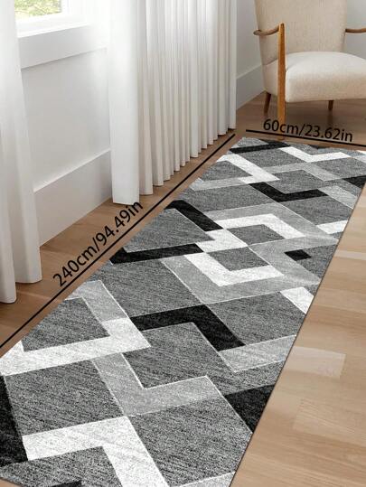 1 buc Covor cu model geometric, negru, alb, gri, fibră de poliester, dreptunghiulară, ușor de întreținut, lavabil pentru locuință, potrivit pentru camera de zi, hol, noptieră, spațiu de locuit, dormitor, birou, bucătărie, coridor, pasaj