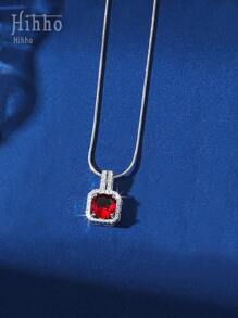 Hihho 1pc Elegant Classic Red Zirconia Necklace For Women, Luxury High-End Snake Bone Chain Pendant Necklace - Silver - View 3
