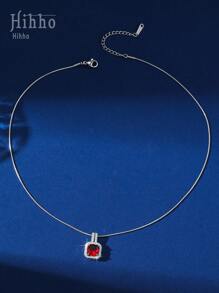 Hihho 1pc Elegant Classic Red Zirconia Necklace For Women, Luxury High-End Snake Bone Chain Pendant Necklace - Silver - View 4