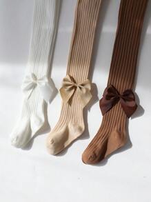 3pcs Girls' Solid Striped Bow Leggings Tights, Suitable For All Seasons - Multicolor - View 4