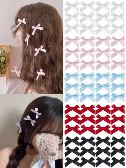 20个/套 粉色发夹 女士发饰 丝带发饰 小发夹 缎面发夹 迷你蝴蝶结发卡 发饰 女士女孩情人节礼物 蝴蝶结发夹 学校用品 头饰