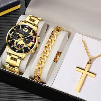 3 件套：时尚百搭男士不锈钢石英表、扁平手链、项链 - 送给爸爸的礼物套装