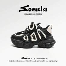 somiliss 1 双女士时尚系带休闲运动鞋，黑白配色，舒适、透气、防滑，运动鞋，6 厘米隐形鞋跟，2024 年秋季流行新品 - 黑色 - 查看 2