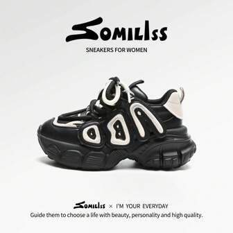 somiliss 1 双女士时尚系带休闲运动鞋，黑白配色，舒适、透气、防滑，运动鞋，6 厘米隐形鞋跟，2024 年秋季流行新品