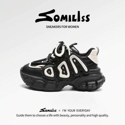 somiliss 1 双女士时尚系带休闲运动鞋，黑白配色，舒适、透气、防滑，运动鞋，6 厘米隐形鞋跟，2024 年秋季流行新品