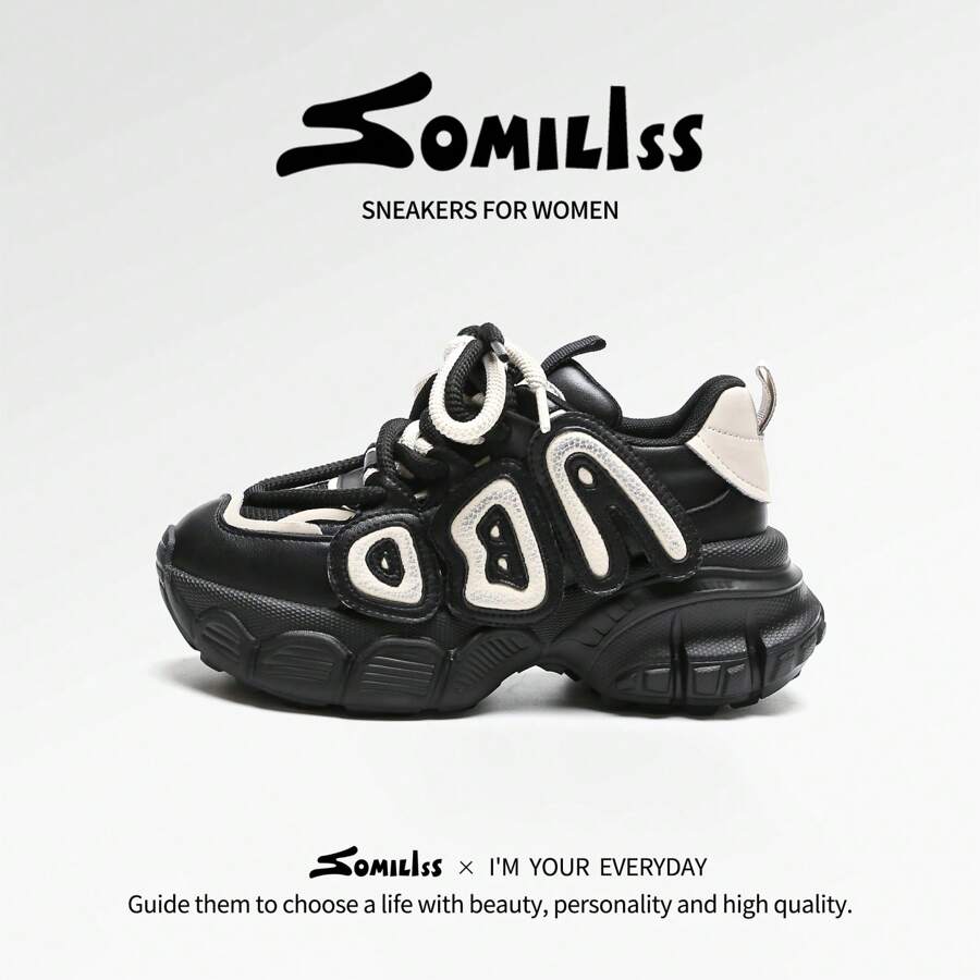 somiliss 1 双女士时尚系带休闲运动鞋，黑白配色，舒适、透气、防滑，运动鞋，6 厘米隐形鞋跟，2024 年秋季流行新品