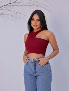 Cropped TOP Women's Basic Ribbed Tank Top And Straps With Neckline New Fashion Elegant - Màu Đỏ Sâu - Xem 4