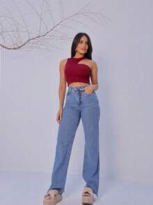 Cropped TOP Women's Basic Ribbed Tank Top And Straps With Neckline New Fashion Elegant - Màu Đỏ Sâu - Xem 3