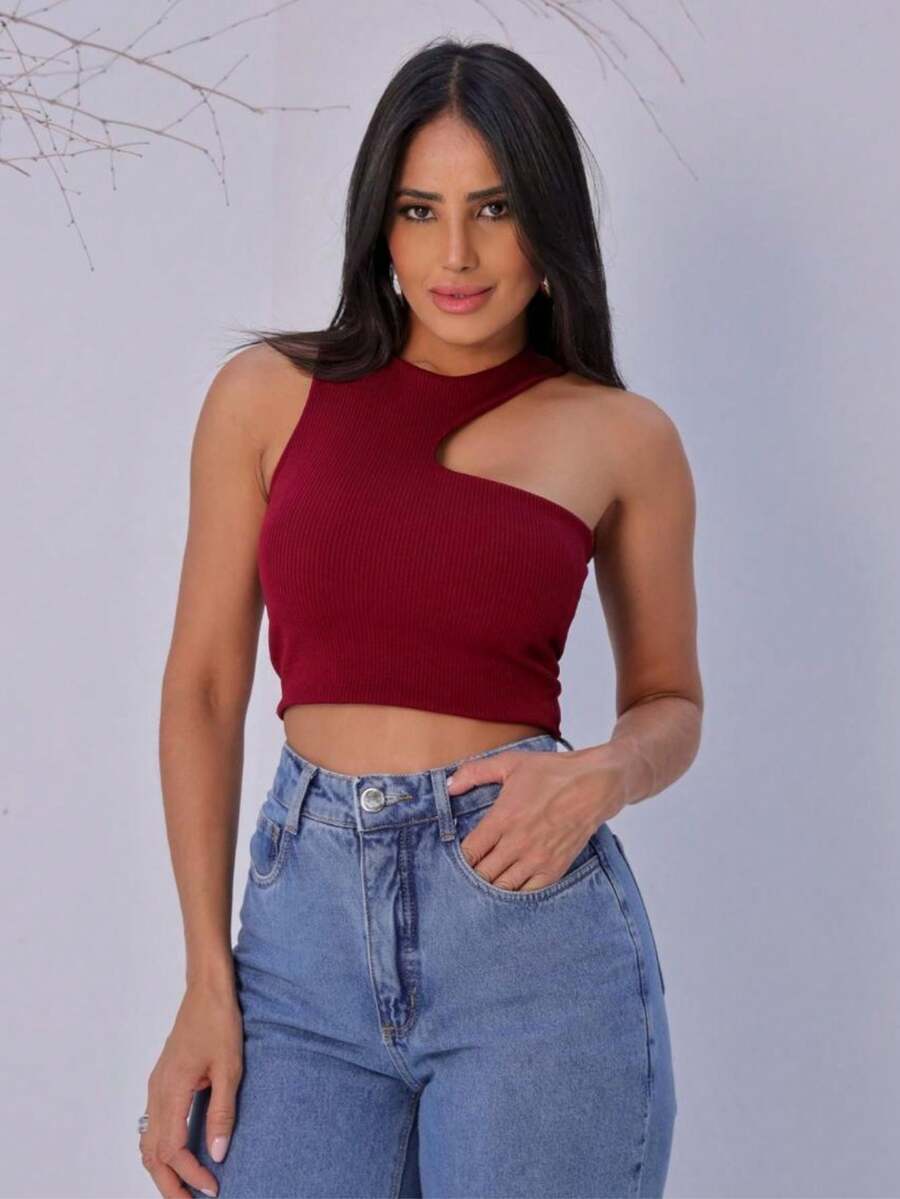 Cropped TOP Women's Basic Ribbed Tank Top And Straps With Neckline New Fashion Elegant - Màu Đỏ Sâu - Xem 1