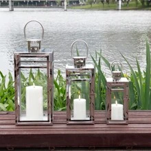Stainless Steel Lantern Set Of 3, 19" Tall Metal Hanging Lanterns With Clear Glass Panels, Indoor & Outdoor Home Decor - 銀色 - 查看 1