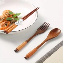 3件套木制餐具套装，木制便捷餐具勺筷叉，厨房，圣诞礼物，学校用品