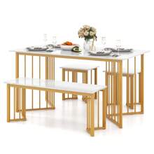 4 Piece Dining Table Set, Rectangular Kitchen Table With Bench & 2 Stools, Modern Dinette Table Set With Wing-Shaped Metal Legs, Marble Grain For Small Space, Dining Room, Apartment - White - View 1