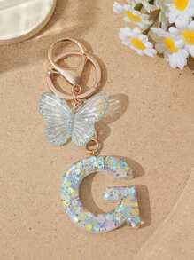 1pc Creative Keychain With Letter Stone Resin Pendant, Butterfly Tassel Letter Charm Keyring For Girls - White - View 13