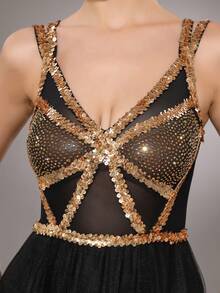 Modphy 2024 Autumn Women's Gold Sparkle Diamond Mesh Pleated Sexy V-Neck Long Dress Women's Wedding Bridesmaid Dress Party Formal Evening Dress, Black Prom Dress, For Wedding Guest, Graduation, Dinner - Black - View 7