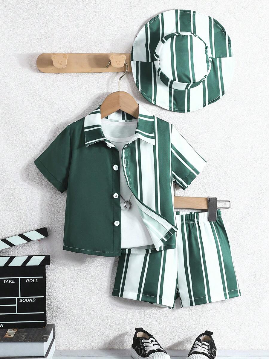 3 件套男宝宝夏季休闲条纹短袖衬衫、条纹短裤和帽子套装 - 綠色 - 查看 1