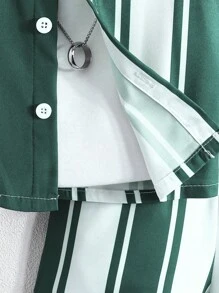 3 件套男宝宝夏季休闲条纹短袖衬衫、条纹短裤和帽子套装 - 綠色 - 查看 5
