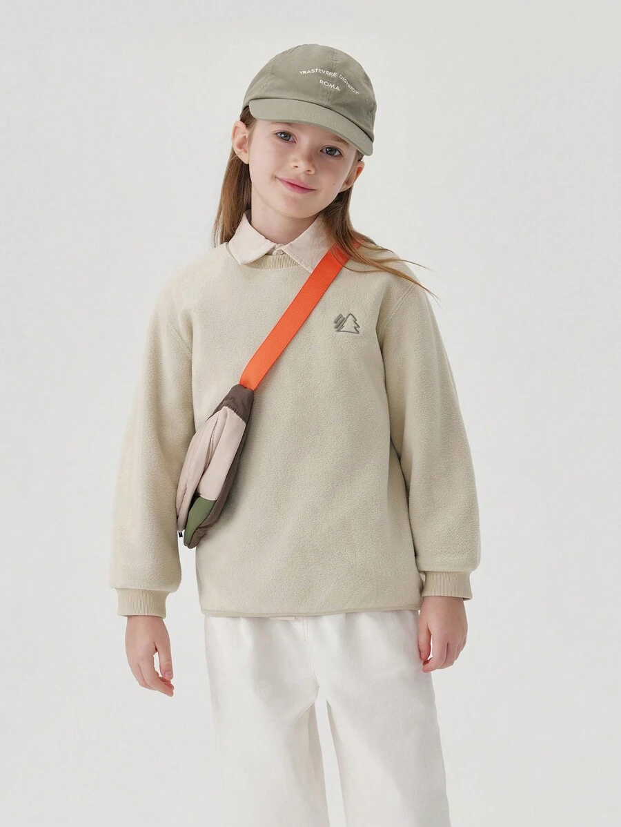 MARC&JANIE 小女孩時尚舒適防靜電加厚絨圓領運動衫,秋季 - 杏色 - 查看 1